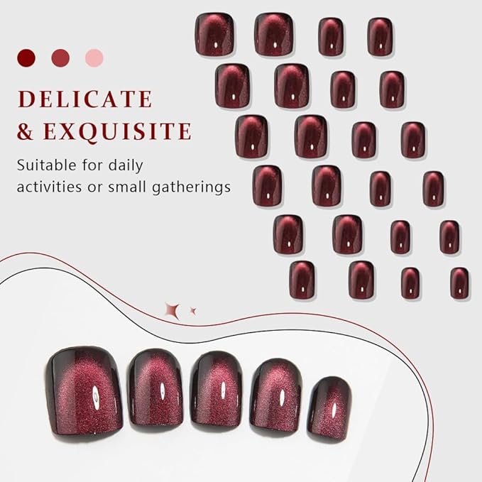 evpct Wine Red Cat Eye Extra Short Press on Nails Square, Petite Short Square Stick on Nails for Women Gift, Black Wine Red Metallic Glitter Glossy Reusable Gel Press on Acrylic Fake Nail with Designs