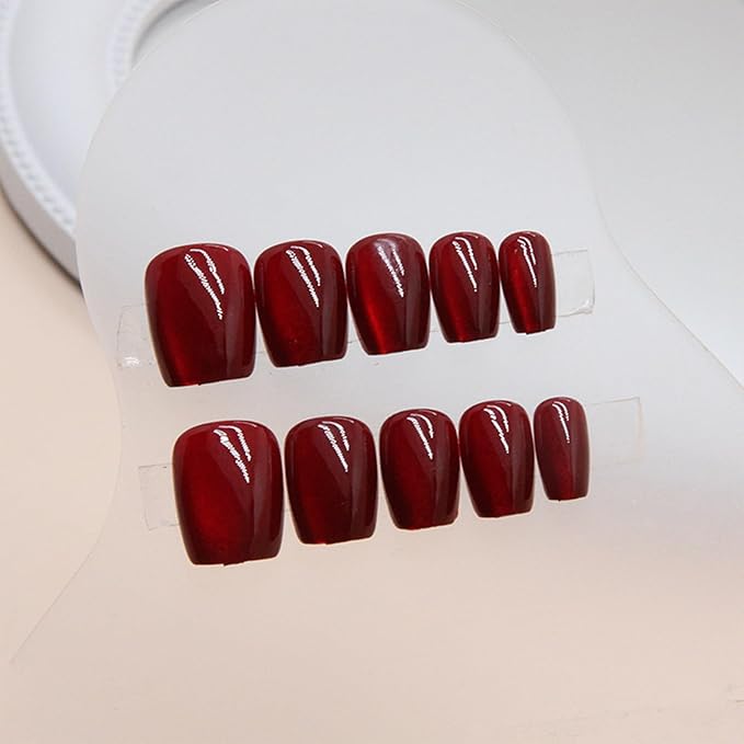 Red Cat Eye Press on Nails Short Square Fake Nails Glitter False Nails with Design Bling Glossy Glue on Nail Wine Red Gradient Acrylic Shiny Artificial Stick on Nail for Women Manicure 24Pcs