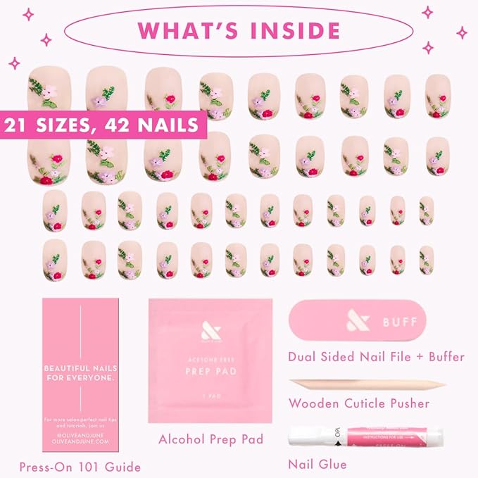 Olive & June Instant Mani Press-On Nails (Glue) | 42 Fake Nails, 21 Sizes | Non-Toxic, Long-Lasting Recycled Materials Realistic Look | Salon-Quality at Home | Short, Squoval | Rose Bouquets
