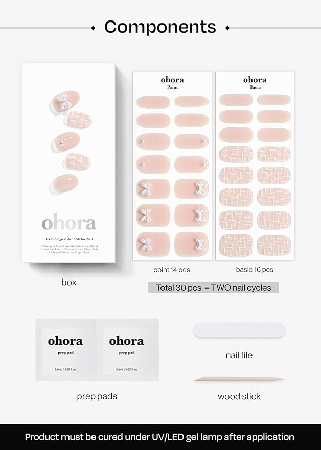 ohora Semi Cured Gel Nail Strips (N Cherie Tweed) - Works with Any Lamps, Salon-Quality, Long Lasting, Easy to Apply & Remove - Includes 2 Prep Pads, Nail File & Wooden Stick