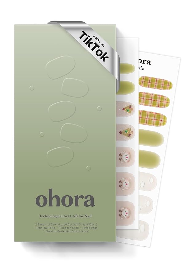ohora Semi Cured Nail Strips (N Beary Merry) - Works with Any UV/LED Lamps, Salon-Quality, Long Lasting, Easy to Apply & Remove - Includes 2 Prep Pads, Nail File & Wooden Stick