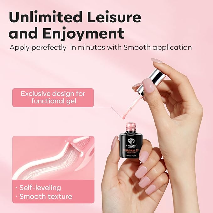 modelones Builder Nail Gel, 2 Pcs Clear and Rose Nude Pink Builder Nail Polish for Thickening Apex Building 8-in-One Rubber Color Base Polish Strengthener Extend Gel LED Lamp Cured 10 ml DIY Salon