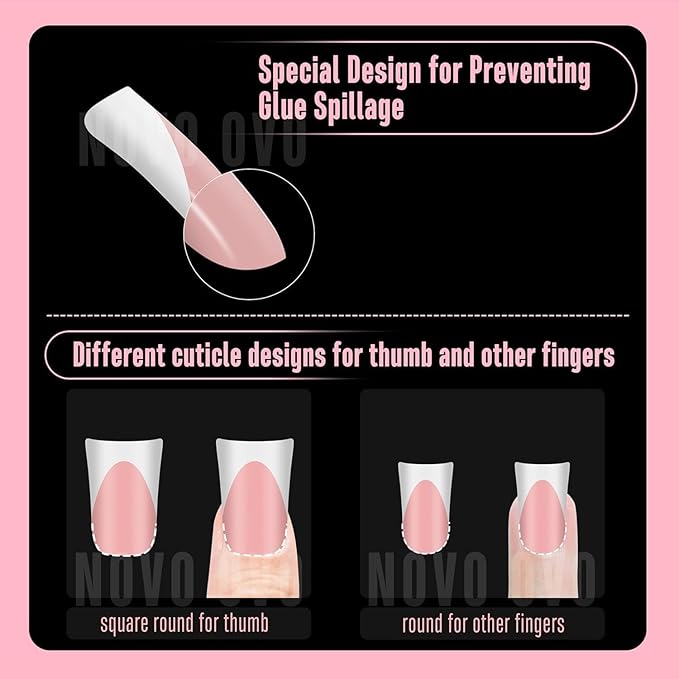 NOVO OVO White French Tip Short Duck Nail Tips Press on, BABY PINK Pre-designed Soft Gel Nail Extension, Extra thick Full Cover Matte Vrial False Nails for DIY x 12 Sizes 240 pcs