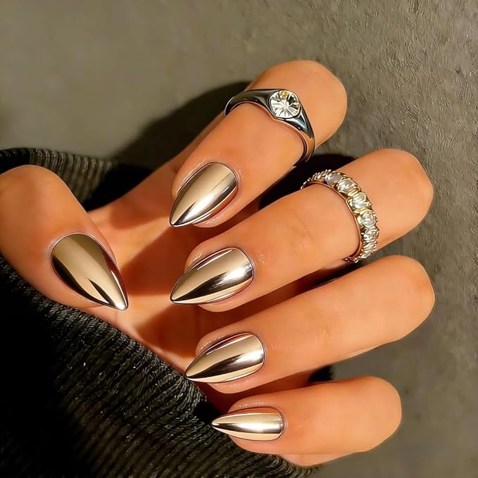 Chrome Press on Nails Short Almond, Metallic Light Gold Fake Nails with a Sparkle Mirror Finish, Glitter Glue on Nails for Women Birthday Party, Thick Quality Soft Gel Nail Press ons 30 Pcs