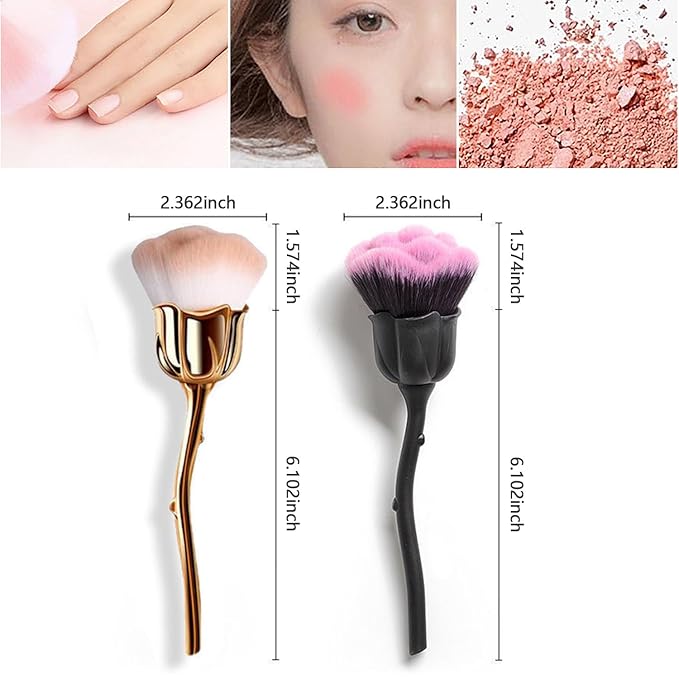 WOKOTO 2pcs Nail Art Dust Brushes For Acrylic Nails Powder Remover Rose Gold And Black Rose Soft Make Up Brushes Dust Cleaner Brush For Nail Trimming Cleaning Tools Foundation Brushes Set