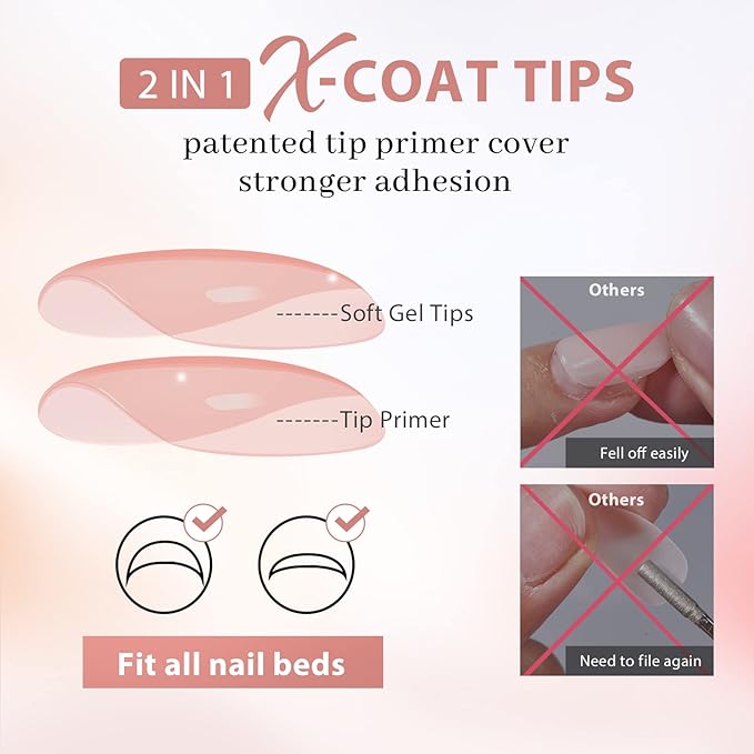 BTArtbox Press On Nails Medium - Soft Gel Nail Tips Almond XCOATTIPS Natural with Base Color, Stronger Adhesion, Pre-shaped Ultra Fit Fake Nails for Short Nail Extensions