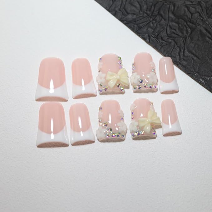 10Pcs Duck-shaped Handmade Press On Nails | French Style with 3D Floral & Rhinestone Decor | Easy to Apply, Remove & Reusable, Salon - Quality (25104, M)