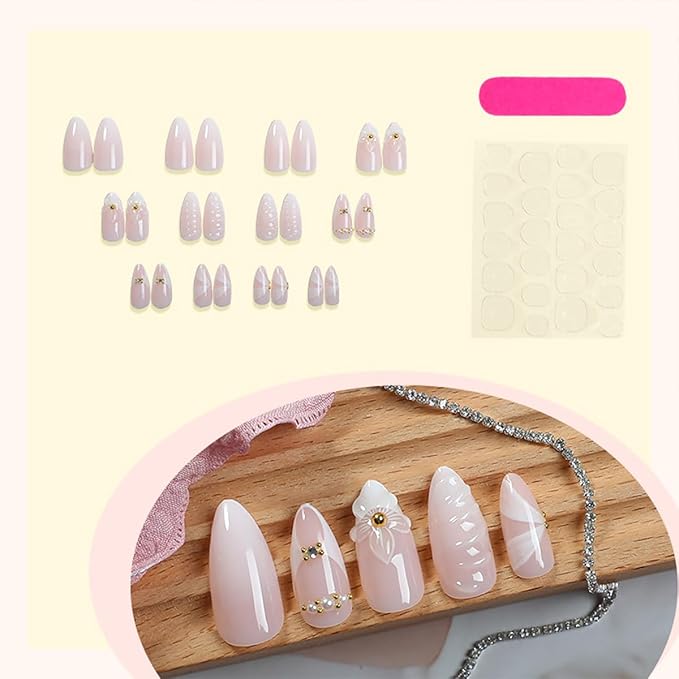 24Pcs White French Tip Press on Nails Medium Almond Fake Nails 3D Flower with Gold Rhinestones Design Ripple Pearl False Nails Nude Full Cover Artificial Glue on Nails Ribbon Stick on Nail for Women