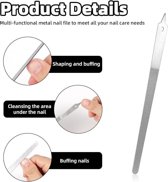 2pcs Diamond Dust Double Sided Deb Nail Files, Stainless Steel Toe Nail Files with Sharp Pointed Tip Metal Professional Manicure Pedicure Tools for Fingernail & Toenail