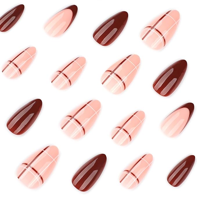 Plaid Press on Nails Medium Almond Fake Nails Dark Red Nails Press ons with Design,Reusable Artificial Nail Full Cover Stick on Nails for Women Fall Winter Manicure 24Pcs