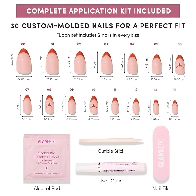 Glamnetic x Fanatics Press On Nails - Texas Longhorns | Short Almond Fake Nails, Collegiate Longhorns Orange French Tips, College Nails, Salon-Quality | 15 Sizes - 30 Nail Kit with Glue