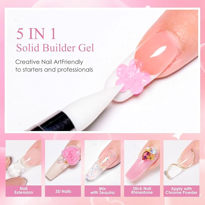 MEET ACROSS Solid Builder Nail Gel Solid Builder Gel for Nails White Pink Dirty Pink Non-Stick Hand Sculpture Hard Art Gift 7Pcs