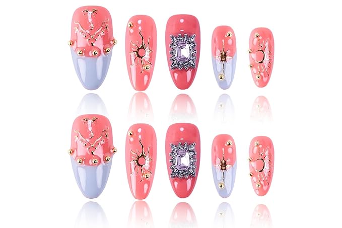 24Pcs Handmade Press on Nails, 3D Coral Pink Fake Nails with Medium Length Almond, Cute Blue French Tips Manicure Kit with Gold Lines for Women