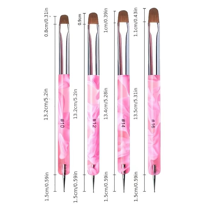 4Pcs French Tip Brush, Double-Ended French Brush for Nails with Dotting Tool, Clean Up Brushes for Gel Nail Polish, Size 10/12/14/16, Acrylic Nail Art Brushes, Manicure Tools for DIY Nail Design-Pink