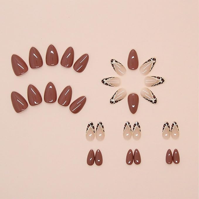 Short Almond French Tips Press on Nails Gold Glitter Striped False Nails with Leopard Print Designs Brown Full Cover Glue on Nails Removable Acrylic Stick on Nails For Women 24 Pcs