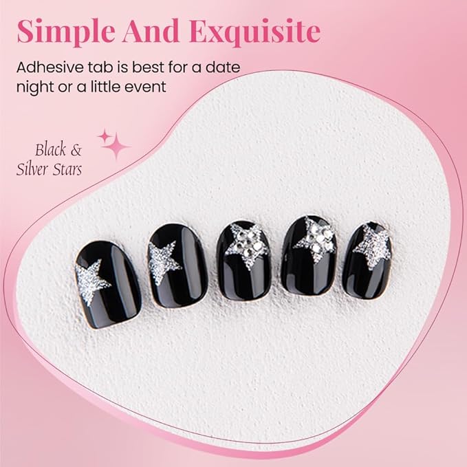 evpct Black Goth Cat Eye Short Press on Nails Oval, Short Oval Stick on Nail for Women Gift, Gothic Silver Star Metallic Glitter Glossy Reusable Spring Summer Press on Acrylic Fake Nail with Design
