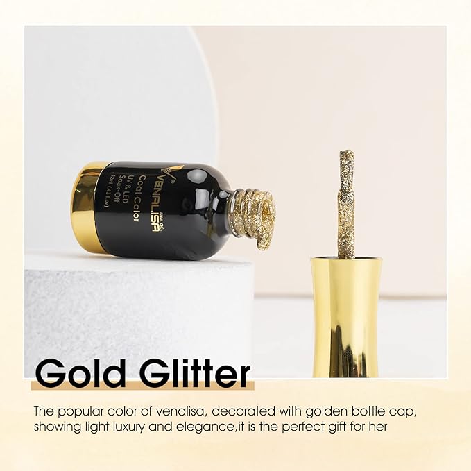 VENALISA Gel Nail Polish, 12ml Gold Glitter Color Soak Off UV LED Nail Gel Polish Nail Art Starter Manicure Salon DIY at Home, 0.43 OZ