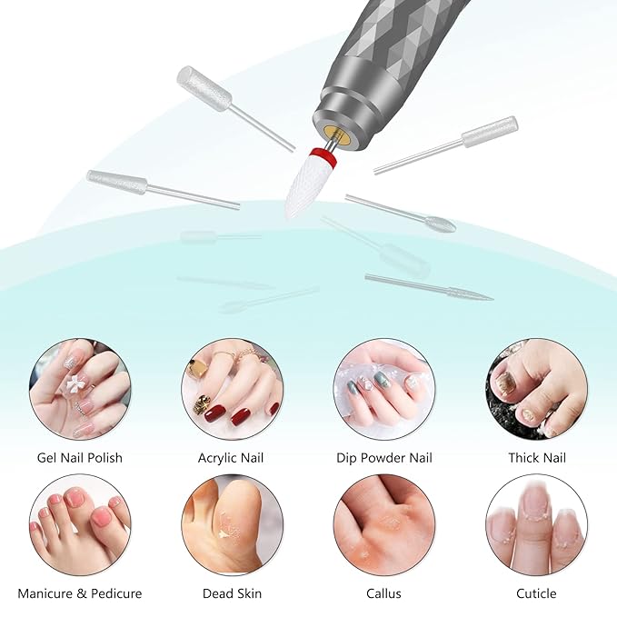Electric Nail Drill Machine Professional, Rechargeable Cordless Nail File with Bits Kit for Acrylic Gel Dip Nails, Efile Manicure and Pedicure Kit for Home Salon Grinding Polishing Removing, Gray