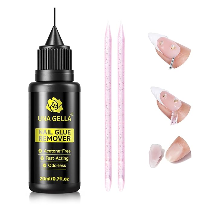 UNA GELLA Nail Glue Remover for Press on Nails，20ml Pinpoint Non-Acetone Gel Nail Glue Remover for Nails Tips，Gentle GLUE Remover with Upgraded Stick Easy Removal DIY Manicure Supply