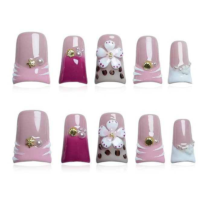 Press On Nails Handmade Short Duck Nails, 3D Floral Cute Thick Acrylic Fake Nails White Pink French Tip False Nails with Rhinestones Blossom Designs (Blush White Gradient Daisy,L)