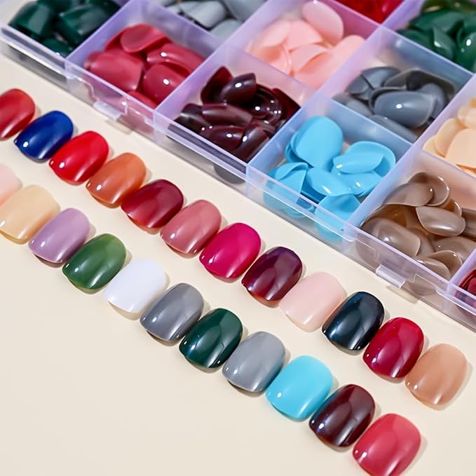 24Packs 576Pcs Squoval Press on Nails Short Round Fake Nails Solid Color Acrylic Nails Glossy Oval Pure Artificial False Nails Colorful Nature Glue on Nails for Women Girls Manicure Nails Decoration