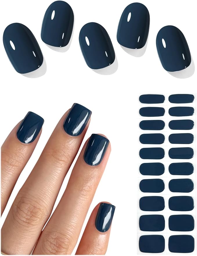 Semi Cured Gel Nail Strips (Navy Blue), Solid, 20 Pcs Gel Nail Wraps, Stickers, Salon Quality, Works with Any UV Lamps