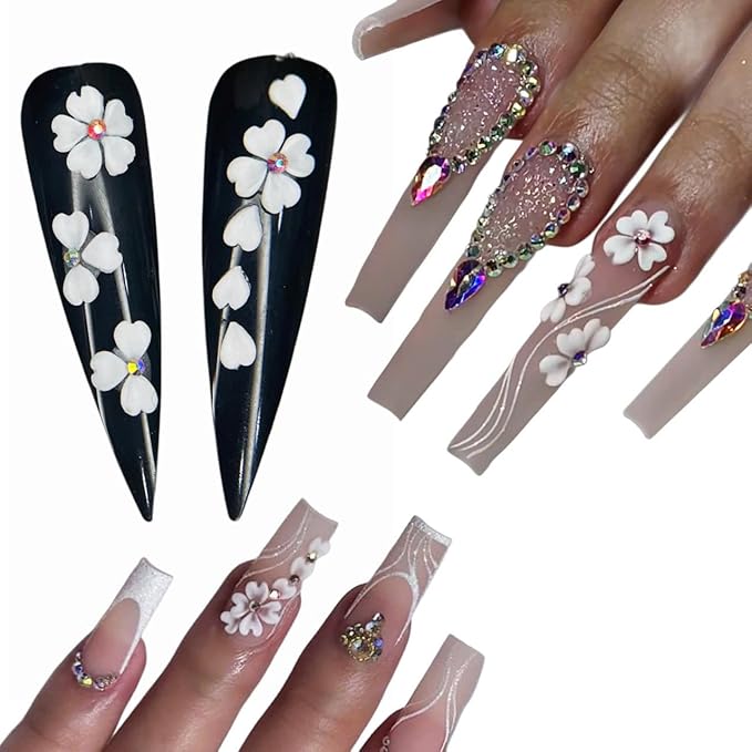 Set White 3D Flowers for Nails, Handmade 3D Acrylic Flowers for Wedding Nails, Valentine Flower Nail Charms Rhinestones Gems by Acrylic Powder Design Deco Nail Art Women Girls (White Heart)