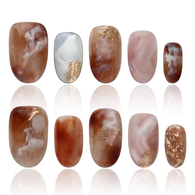 Press On Nails Short Almond Press On Nails 3D Brown Nails With Ombre Design Gifts For Women Press On Acrylic Nails COOLYOUNG 15 PCS Handmade Nails, Size M