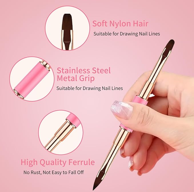 Nail Art Brushes Set - Professional 5pcs Double-Ended Acrylic Nail Art Brushes Liner Detail Thin Brushes For Drawing Design Brushes Gel Builder Brushes 3D Nail Art Tools (Pink)