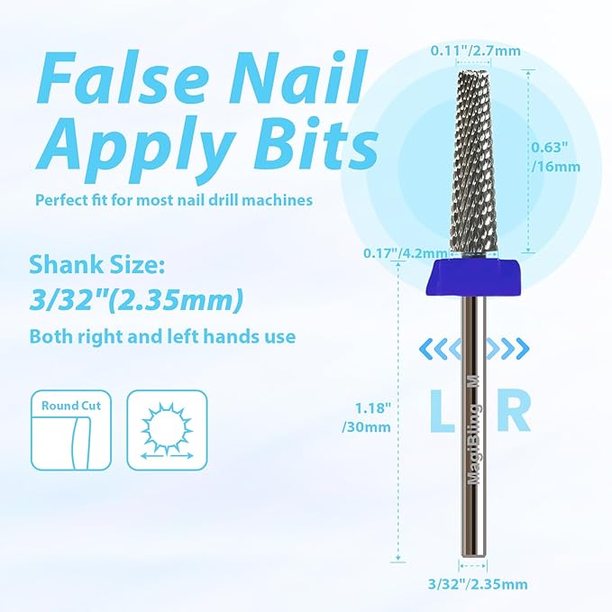 16mm Long Tapered Barrel Nail Drill Bit, 3/32” Safety Tungsten Carbide E-File Bit for False Nail Application, Press-On Tip Apply Nail Extension, Gel & Acrylic Removal, Two-Way Rotation, Medium.