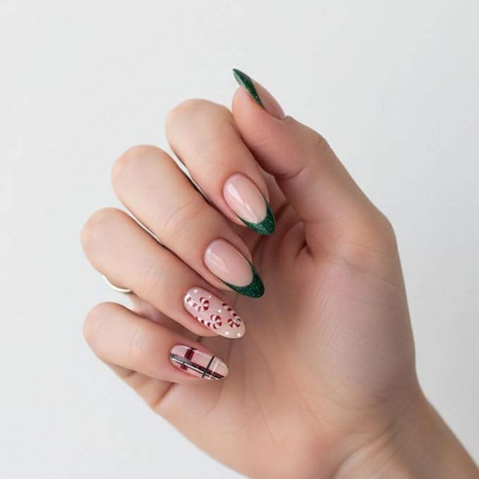 Press On Nails Almond Christmas, French Tip Press on Nails Short, Glue On Nails for Women Gift, Supremely Fit Natural Reusable Stick On Nails in 12 Sizes -24 Fake Nails Kit, French Spark Green
