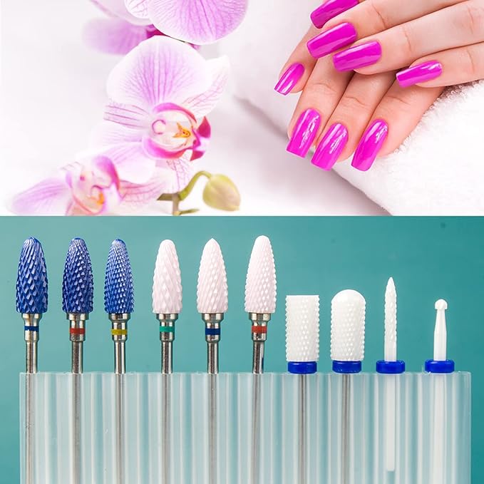 Feecy Nail Drill Bits Set Ceramic for Acrylic Nails Gel Polish Professional, 3/32 Inch Efile Nail Drill Bits Kit for Cuticle Safety Barrel Nail Art Tools with Holder, 10pcs (S10-B)