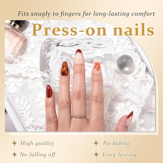 evpct 3D French Press on Nails Short Almond with Gold Line Design, Dark Red French Tip Stick on Nail for Women with Kit, Reusable Full Cover Press on Fake Nail with Flower Tortoise Shell Design