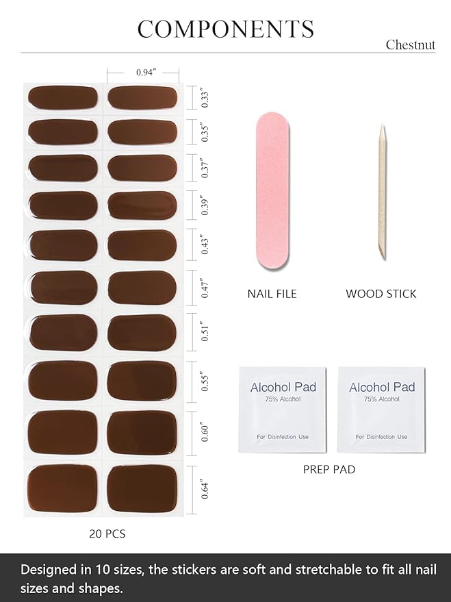 Semi Cured Gel Nail Strips (Chestnut), Dark Brown, 20 Pcs Gel Nail Wraps, Stickers, UV Light Required, Salon Quality, Long Lasting