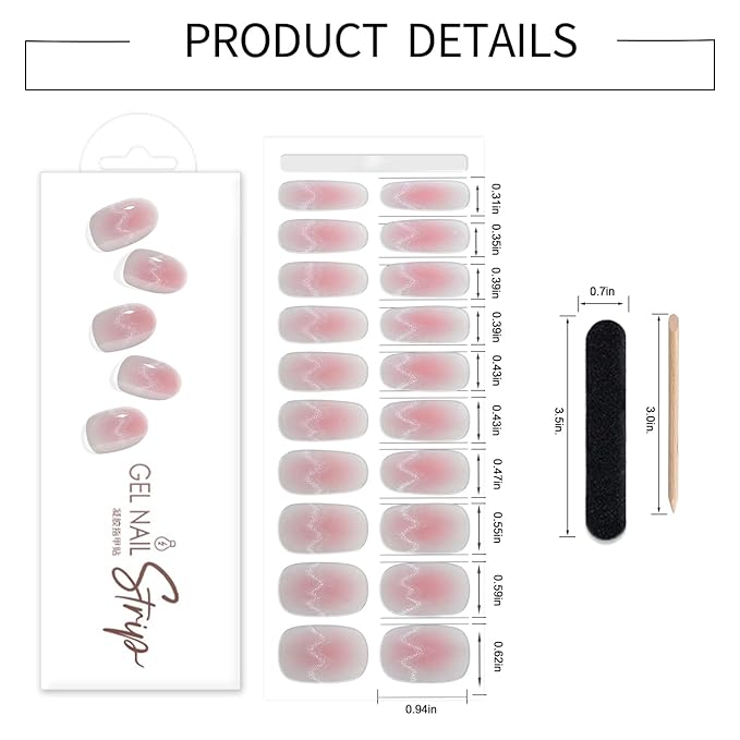 WOKOTO 1 Sheets Transparent Pink & Wave Cat Eye Design Semi Cured Gel Nail Strips With Nail File & Wooden Stick For Women, 20 Tips Semi Cured Gel Nails Polish Stickers Strips UV Full Nail Wraps