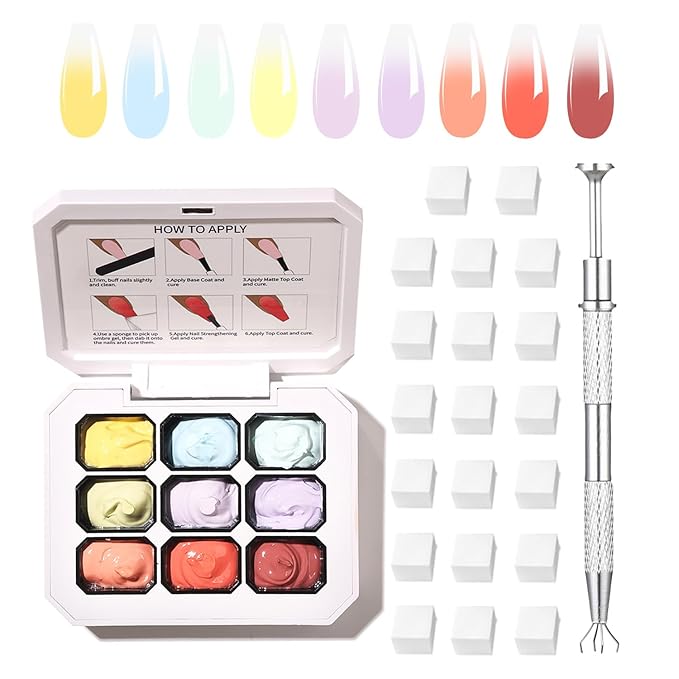 Ombre Gel Nail Polish with Nail Art Sponges for Pat Gel Ombre Color Palette Blush Effect Pat Painting Gradient Blooming Gels 9colors for Ombre Nails Multistyle French Manicure DIY