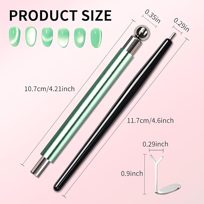 4-Piece Cat Eye Magnet Set – Green Dual-Ended Nail Magnet With Round Bead, Heart Nail Magnets for Nail Art, and Black Magnetic Bead-Pickup Pen, Magnet for Cat Eye Gel Polish DIY Nail Designs