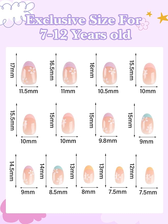 26 Pieces Press on Nails for Kids, EBANKU 1 Pack Kid Fake Nail Pink Flower Press on Nails for Girls 5-12 Years with Nail Glue
