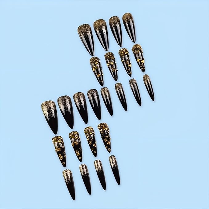 Long Black Press on Nails Almond Tip False Nails with Gold Glitter Fake Nails for Women