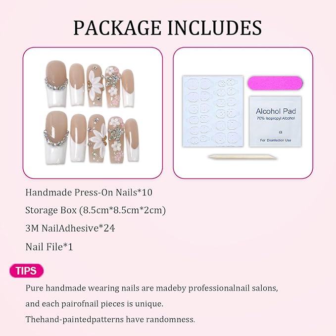 White French Tip Press on Nails Flower Handmade Press on Nails with Rhinestone Designs Long Coffin Shaped Fake Nails Full Cover Thick Acrylic and Muti-Layer Gel Stick on Nails for Women（S)
