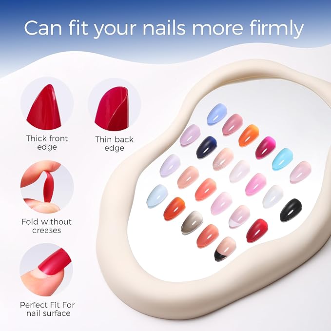 Press on Nails Kit 576 Pcs 24 Colors, Short Almond Glossy French Color Nail Tips with Nail Glue & Nail Tabs Stickers,Natural Fit Lightweight Nail Art for Women Girls