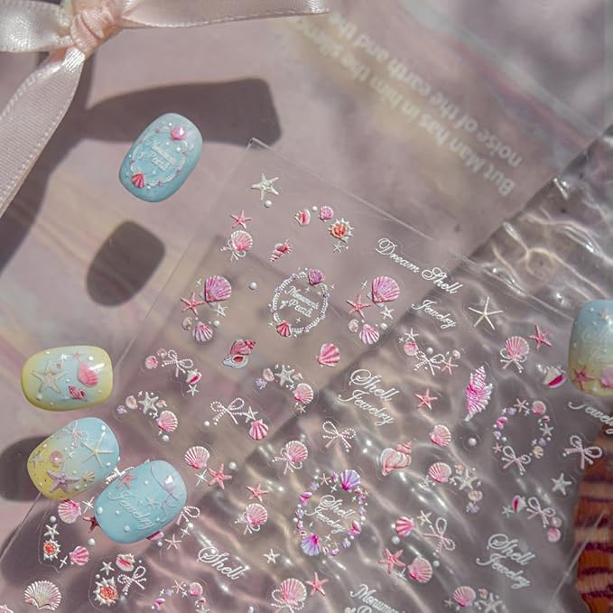 Ocean Nail Stickers 3D Self-Adhesive Pink 5D Embossed Pearl Seashell Starfish Nail Decals Flower Nails Supplies Star Bow Nails Designs Summer Nail Art Decoration for Women DIY Manicure 1 Sheet