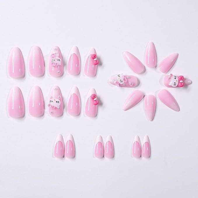 French Tip Press on Nails Medium Almond Cute Cat Fake Nails with 3D Pearl Designs Pink Bow False Nails Cartoon Stick on Nails Full Cover Artificial Acrylic Nails Fashion Fingernails for Women 24pcs