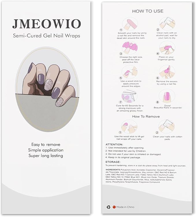 JMEOWIO Gel Nail Stickers Purple Gray Glitter Semi Cured Gel Nail Strips Wraps UV/LED Nails Art Design Decoration Accessories