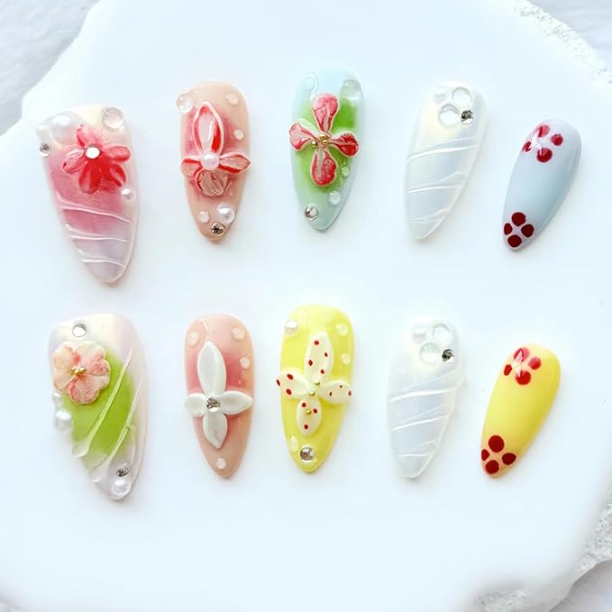 Handmade Medium Almond Nails Thick Press on Nails Aurora Colourful Fake Nails with 3D Tropical Flower Art Design Reusable Acrylic False Nails with Glue, Nature Stick on Nail for Wome (Size S)