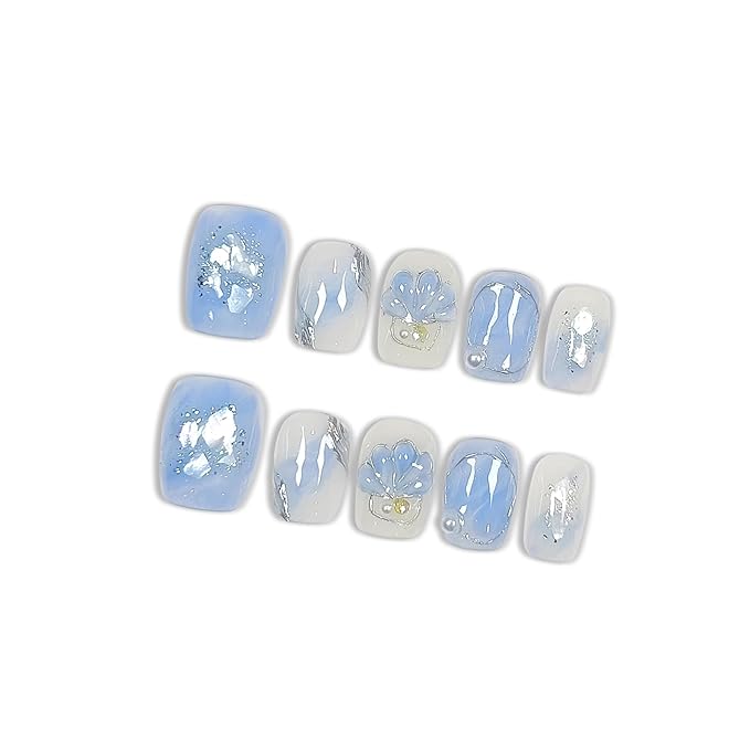 Press on Nails, Short Coffin Fake Nails, Blue Marble & Hand-Painted Silver Streaks, Icy Blue Glittering Nails, Handmade Nails Sweet Style for Office, Holiday Parties & Special Events(Size M)
