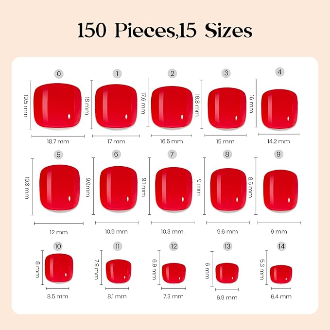 Beetles X Press Red Toenails - Cherry Rouge | Red Short Square Press On Toe Nails | 150 Pcs 15 Sizes Natural Salon Quality Gel Nail Tips For Women