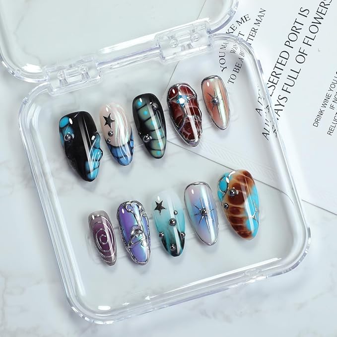 Gradient Press on Nails Handmade Press on Nails Punk Rock Gothic Cool Designs Stars Fake Nails Full Cover French False Nails Medium Almond 3D Silver Steel Ball False Nails for Women (Size M)