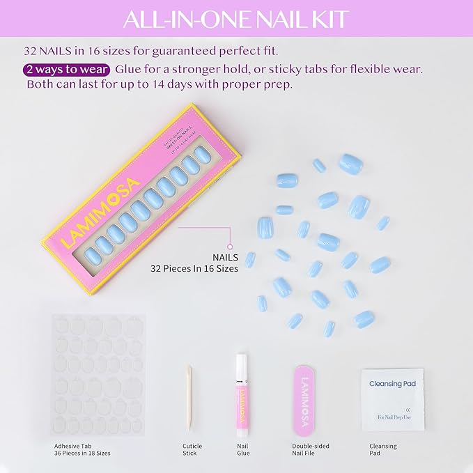 LAMIMOSA 32Pcs Muted Blue Press On Nails Short Square - Dusty Blue Nail Kit, Soft Gel Fake Nails in 16 Sizes, Reusable Glue on Nails, CELESTE