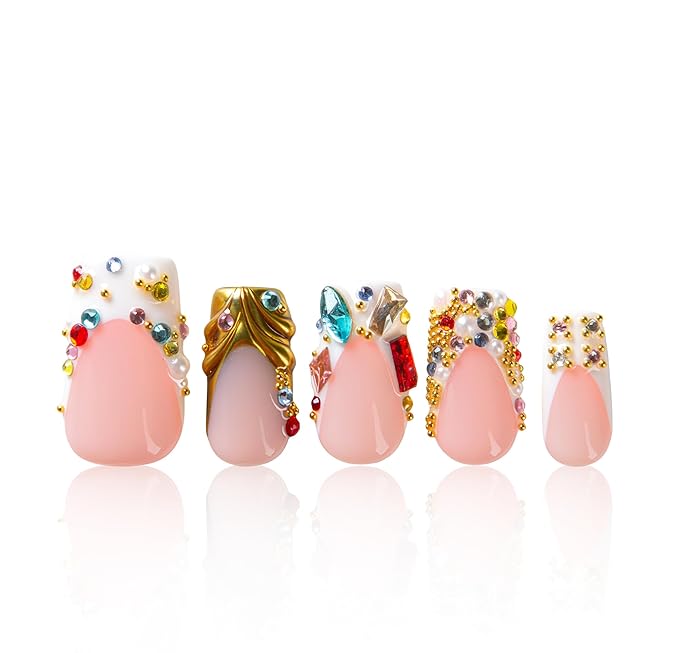LOVFUL Short French Tip Press on Nails Jewel Feast | Handmade Acrylic Press ons | Reusable Fake False Nails | Square Regular 1.0in | H694-S
